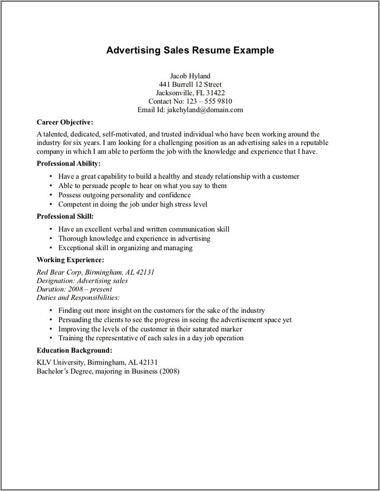 Sales Objective Examples For Resume