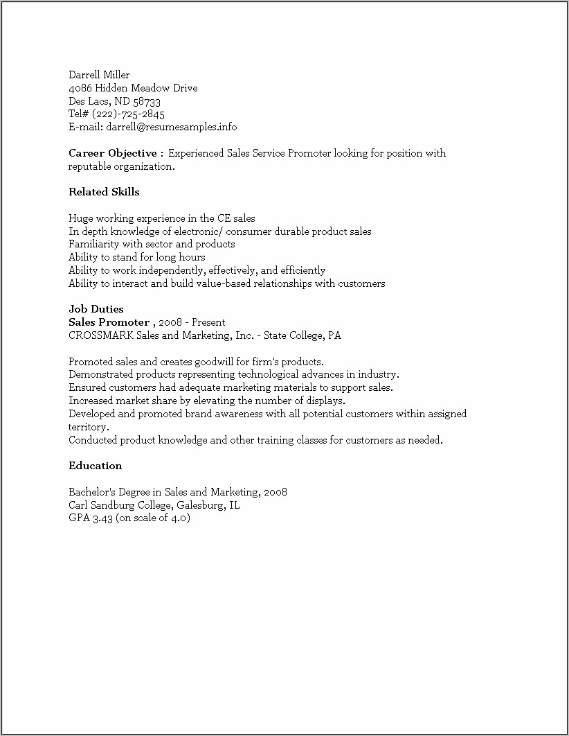 Sales Promoter Job Resume Sample