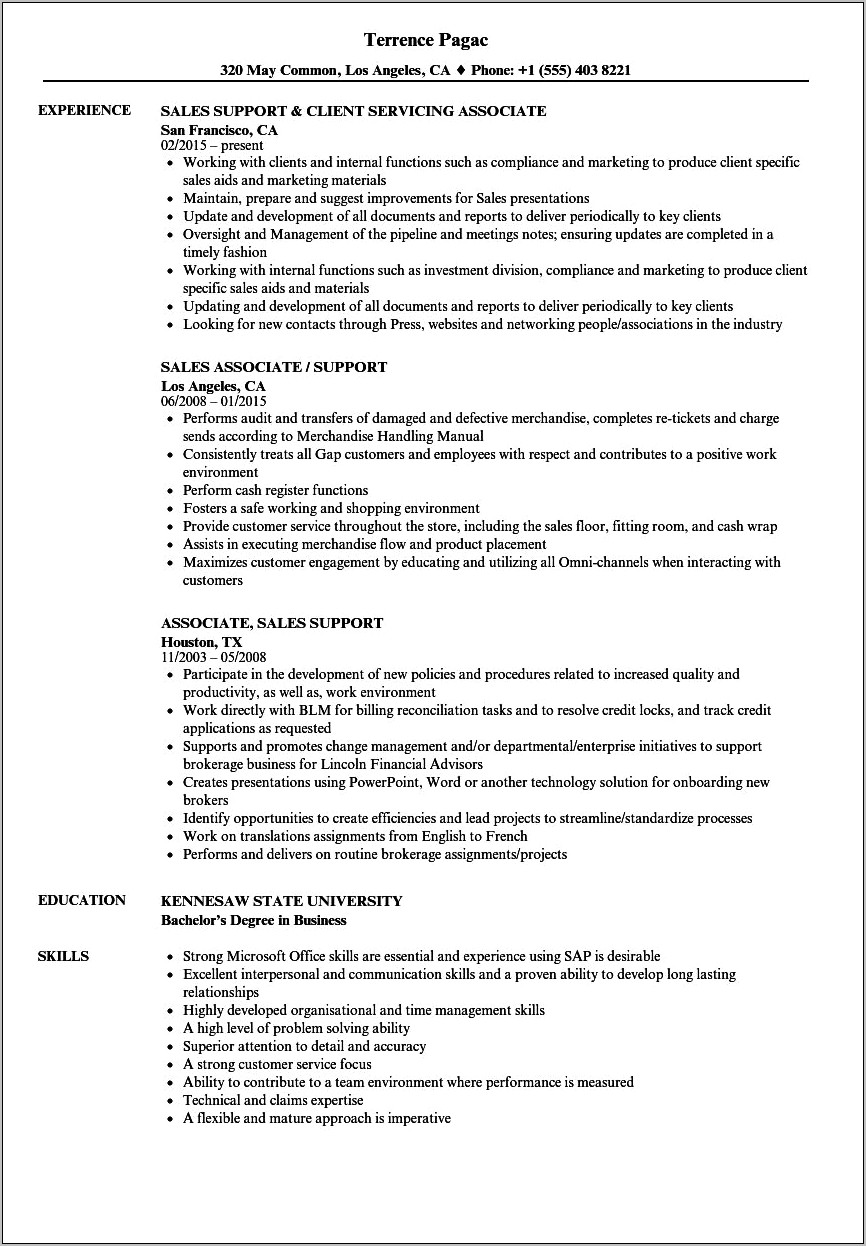 Sales Support Associate Objective Resume