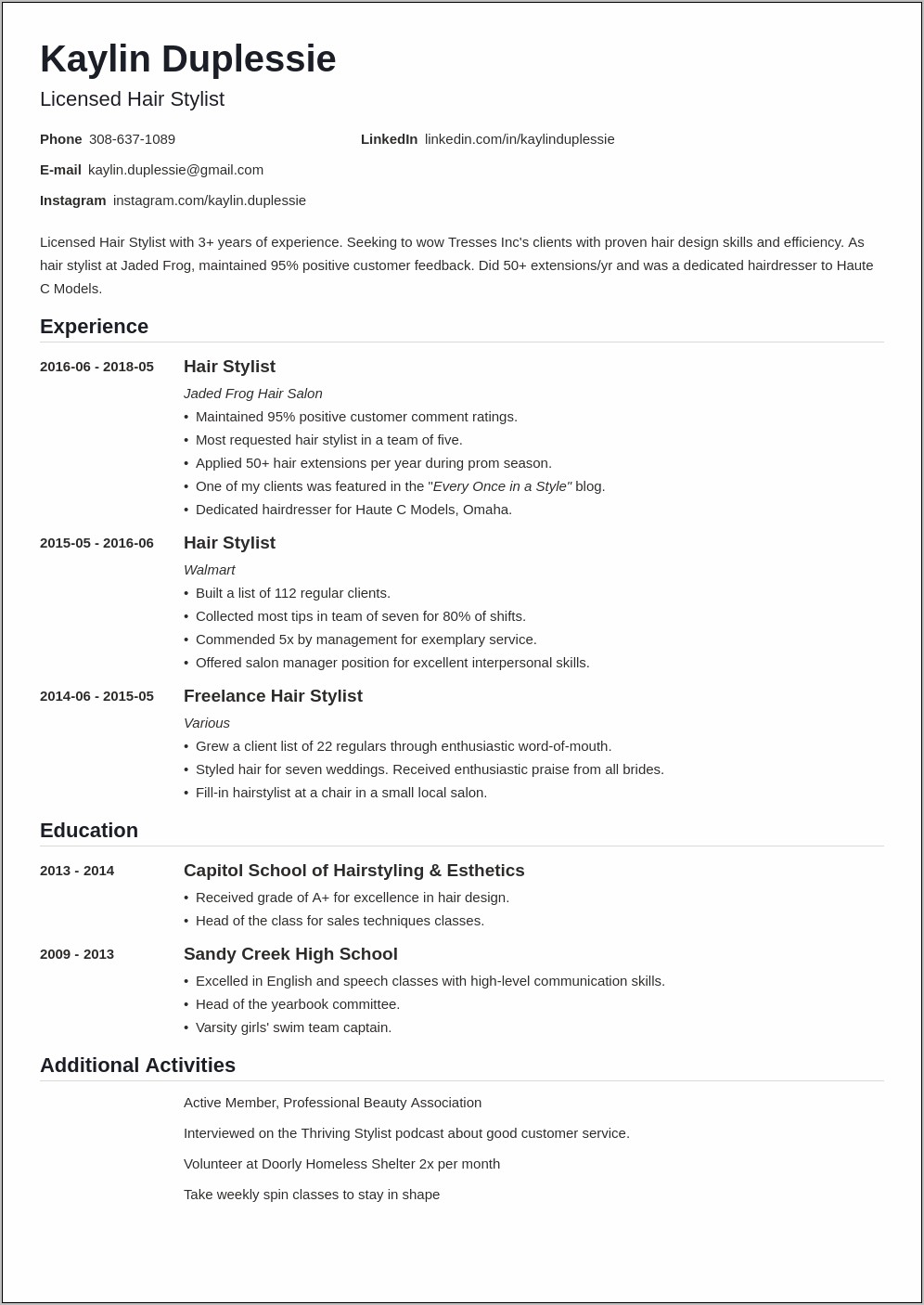 Salon Assistant Job Description Resume