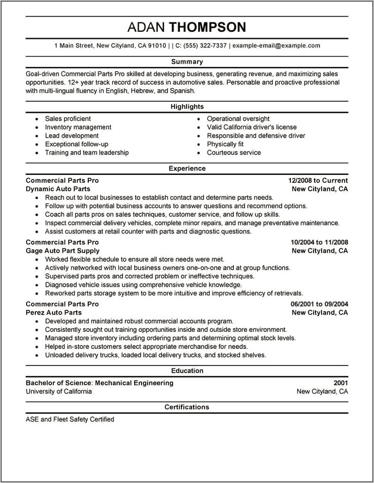 Sample Auto Parts Manager Resume