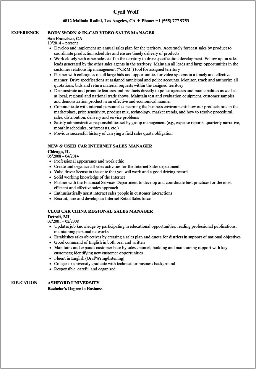 Sample Auto Sales Manager Resume