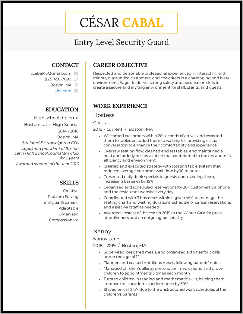 Sample Bank Security Guard Resume