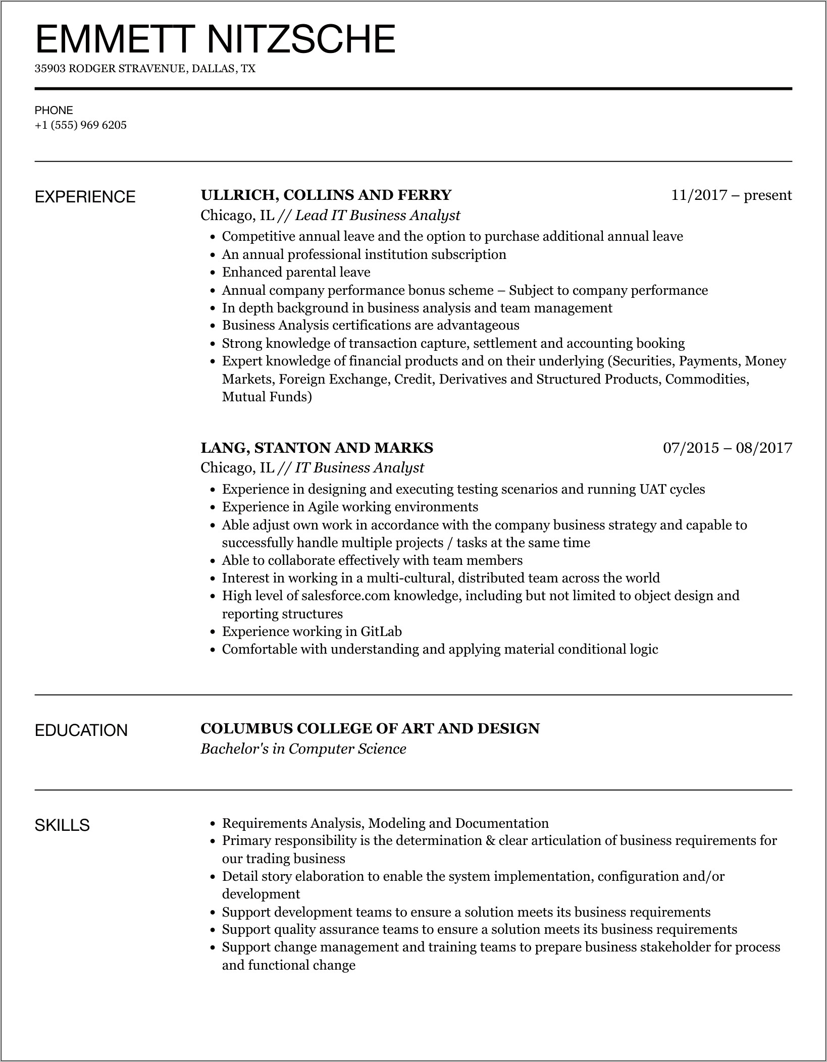 Sample Business Analyst Resume Canada