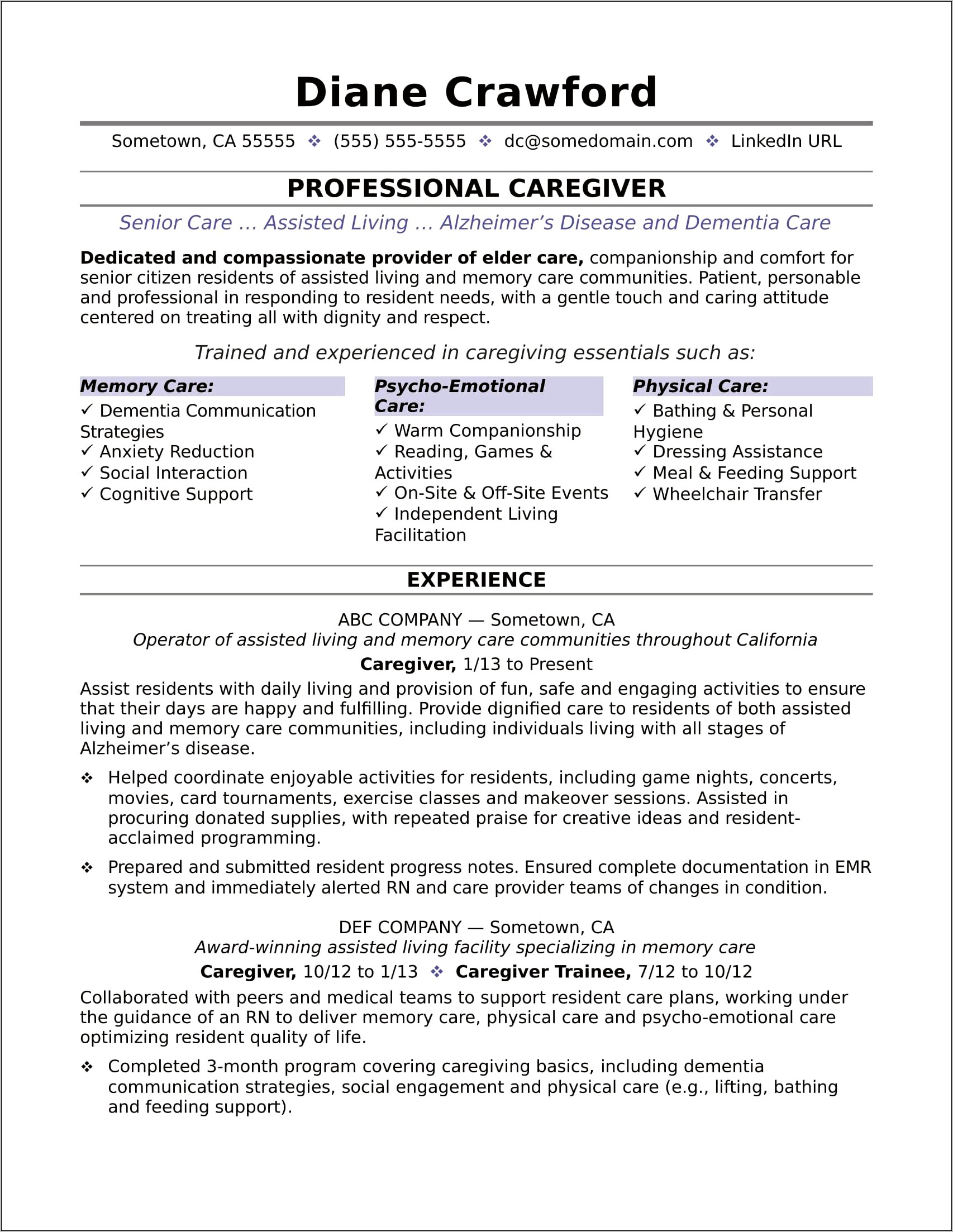 Sample Caregiver Resume Cover Letter