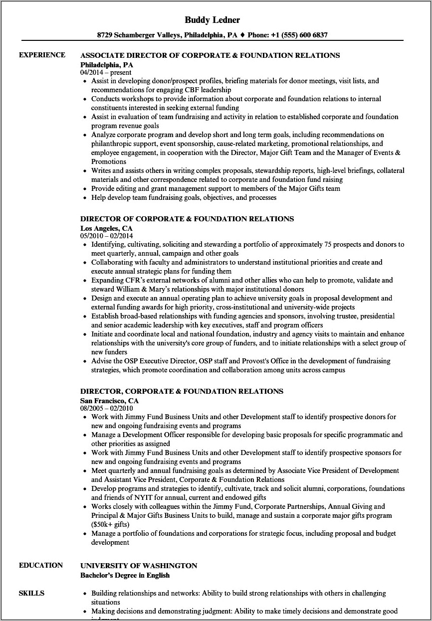 Sample Charitable Foundation Advisor Resume