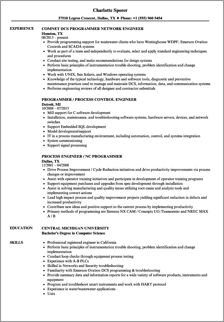 Sample Cnc Programmer Engineering Resume