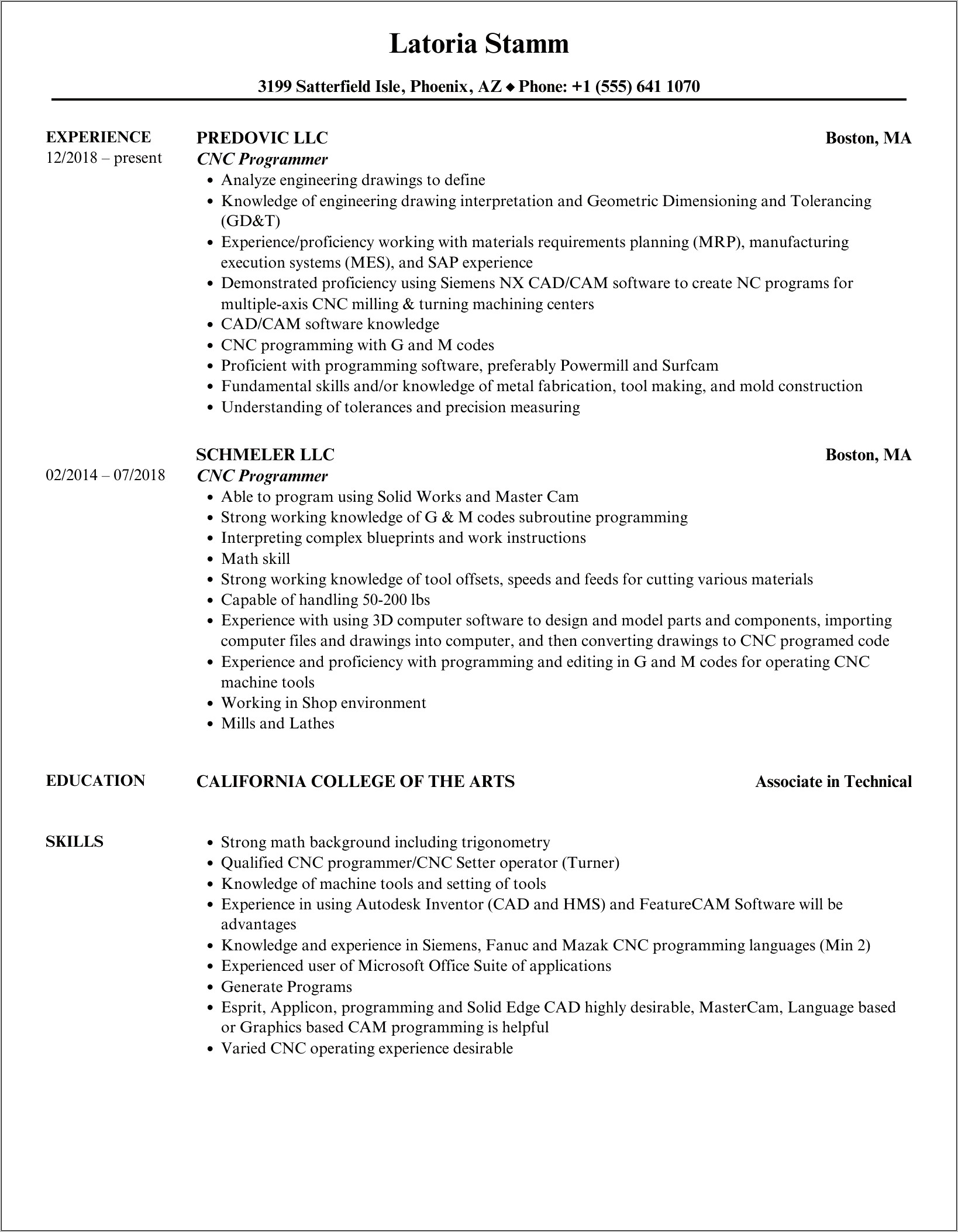 Sample Cnc Programmer Resume Example