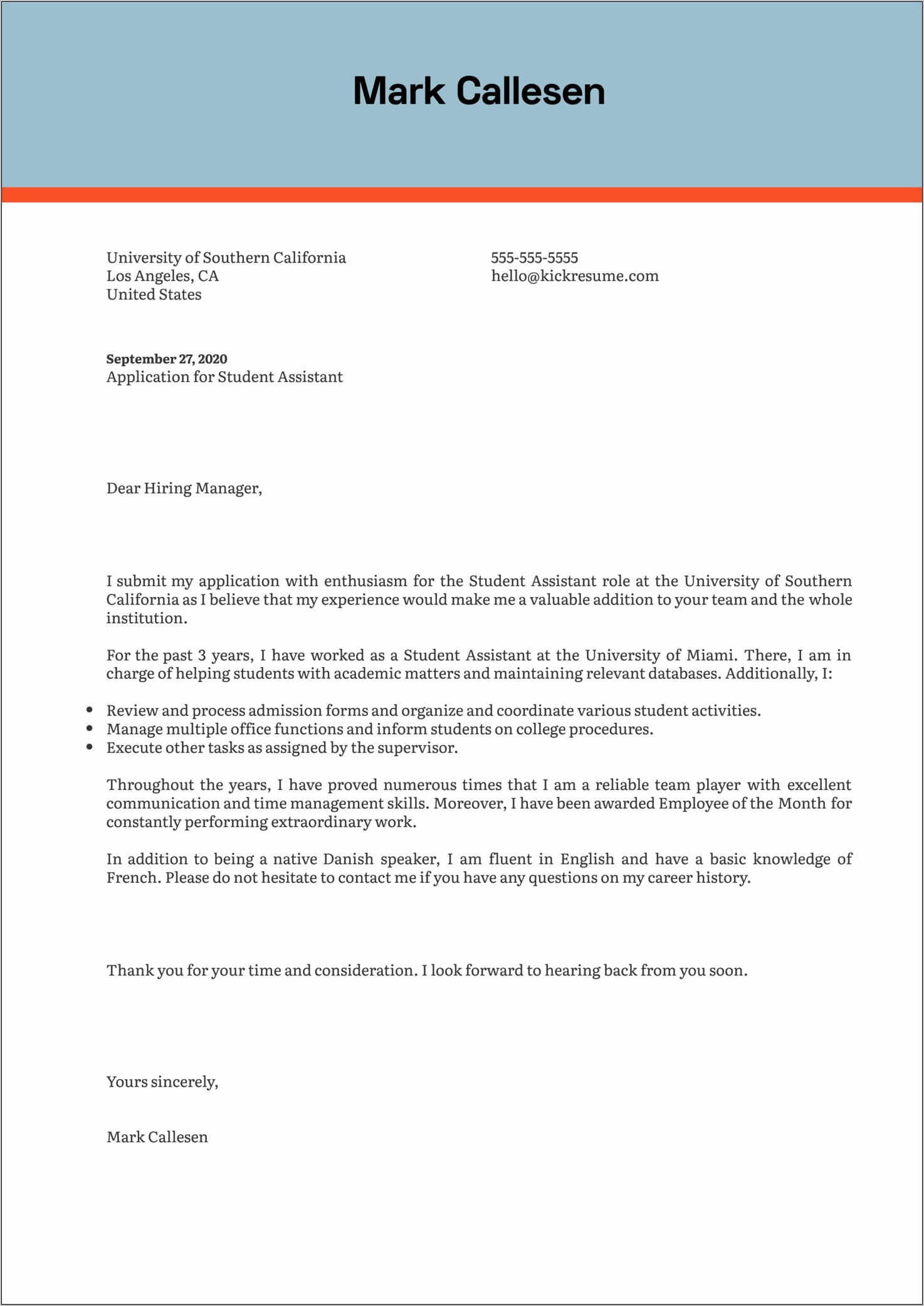 Sample College Resume Cover Letter