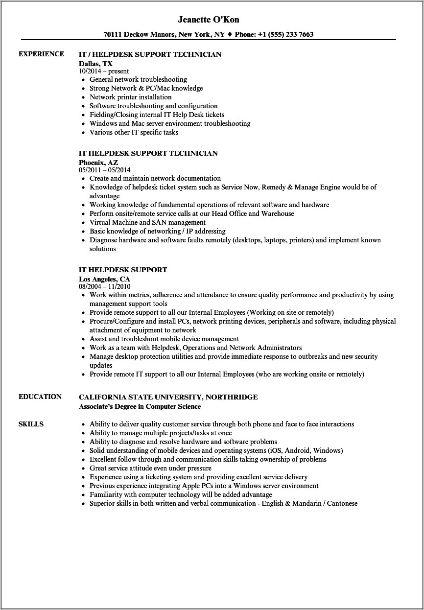 Sample Computer Help Desk Resume