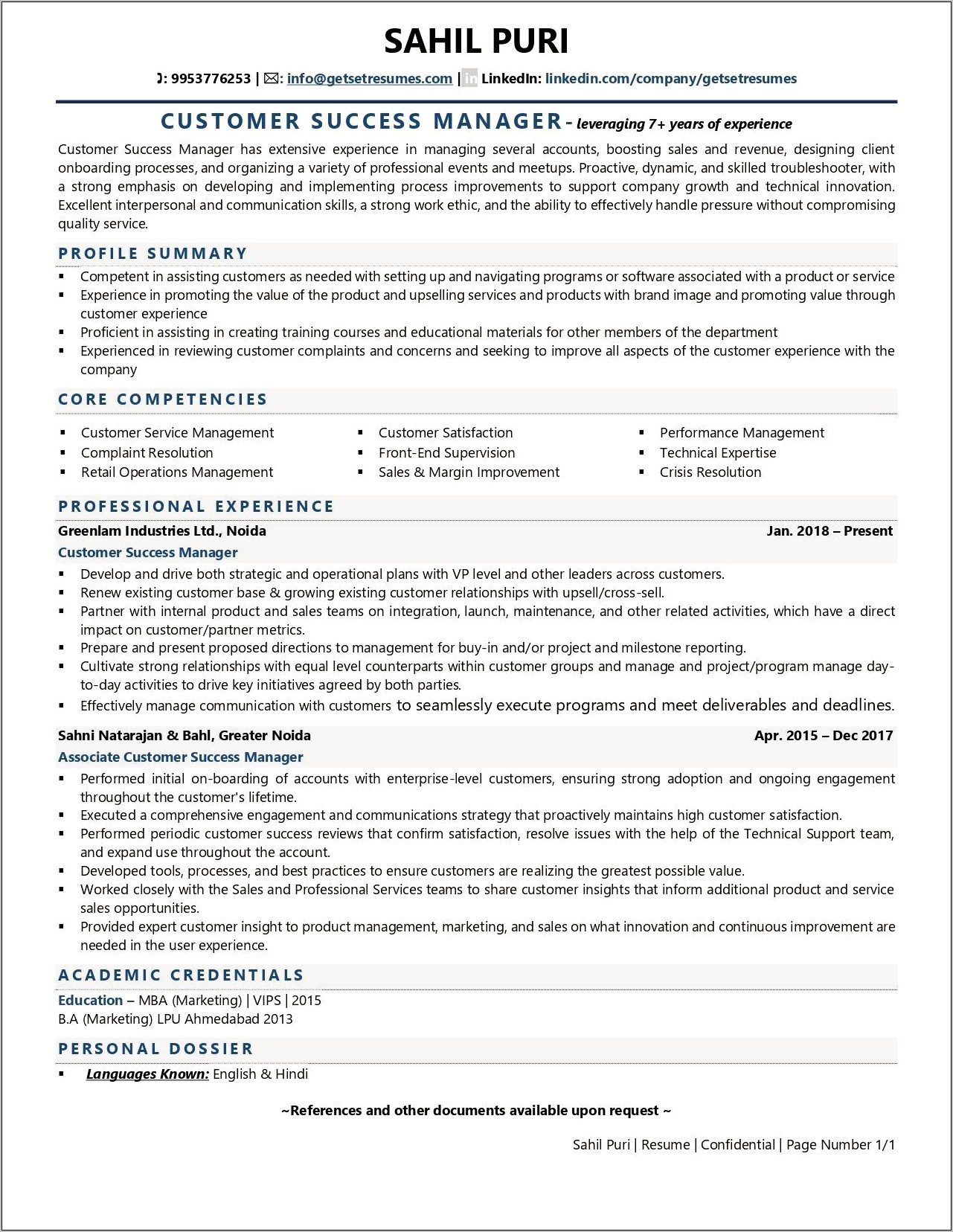 Sample Customer Service Manager Resumes