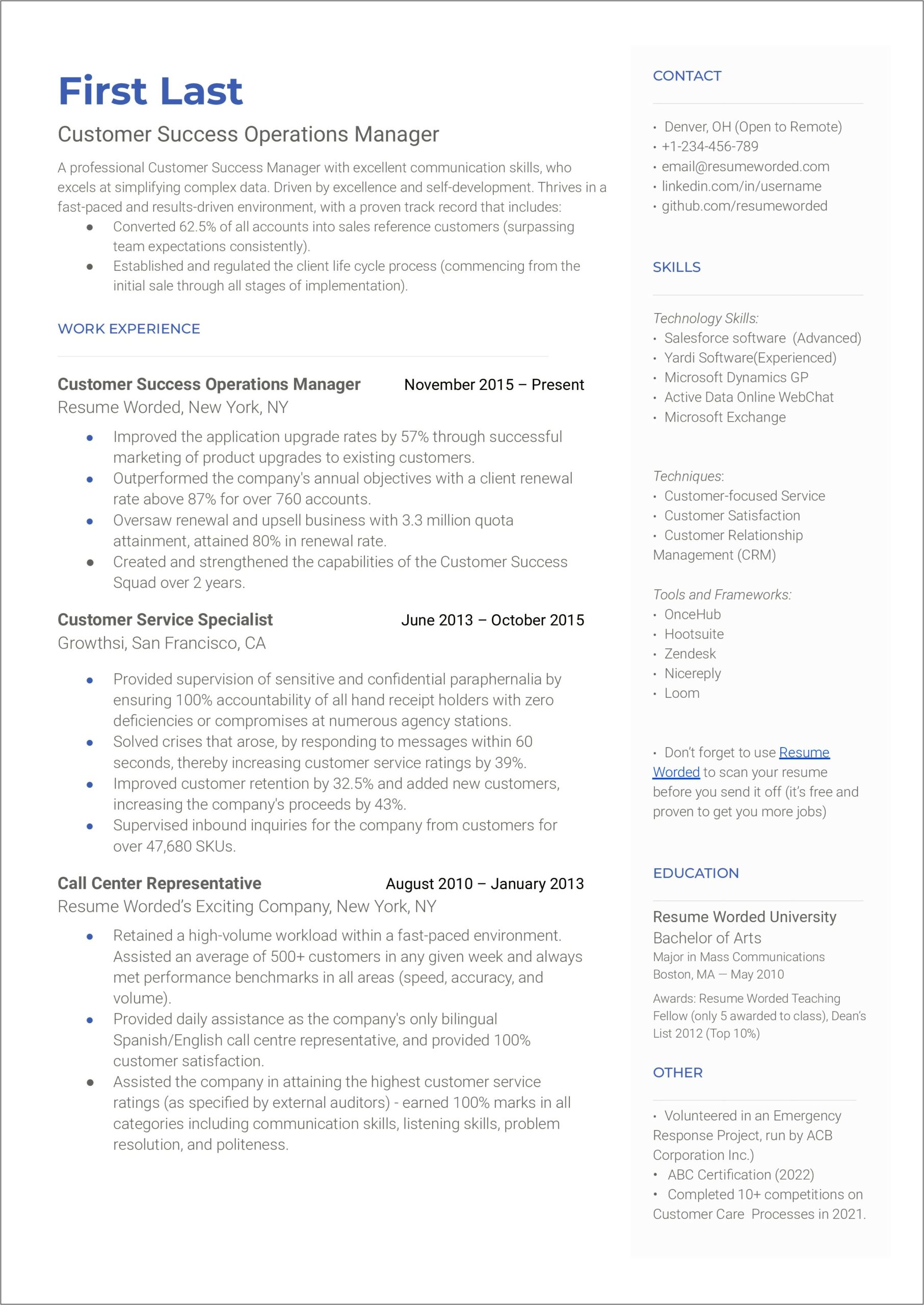 Sample Customer Success Manager Resume