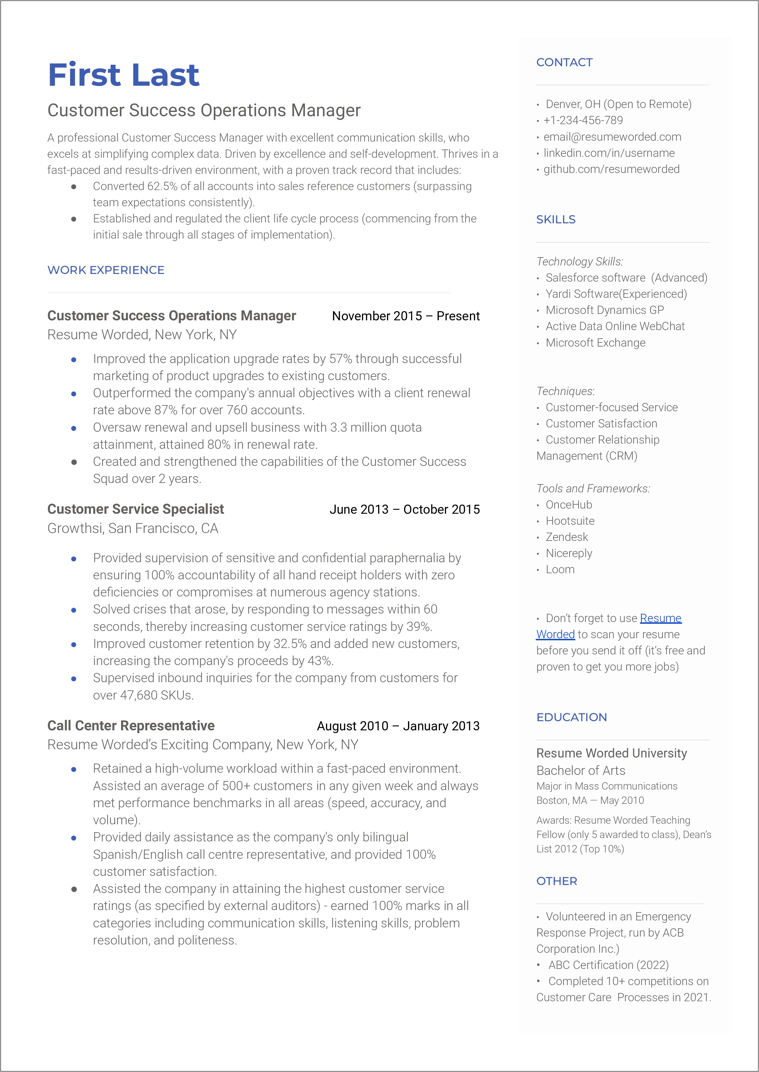 Sample Customer Success Manager Resume