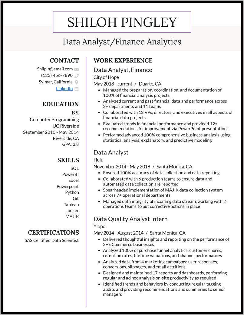 Sample Data Analyst Resume Objective