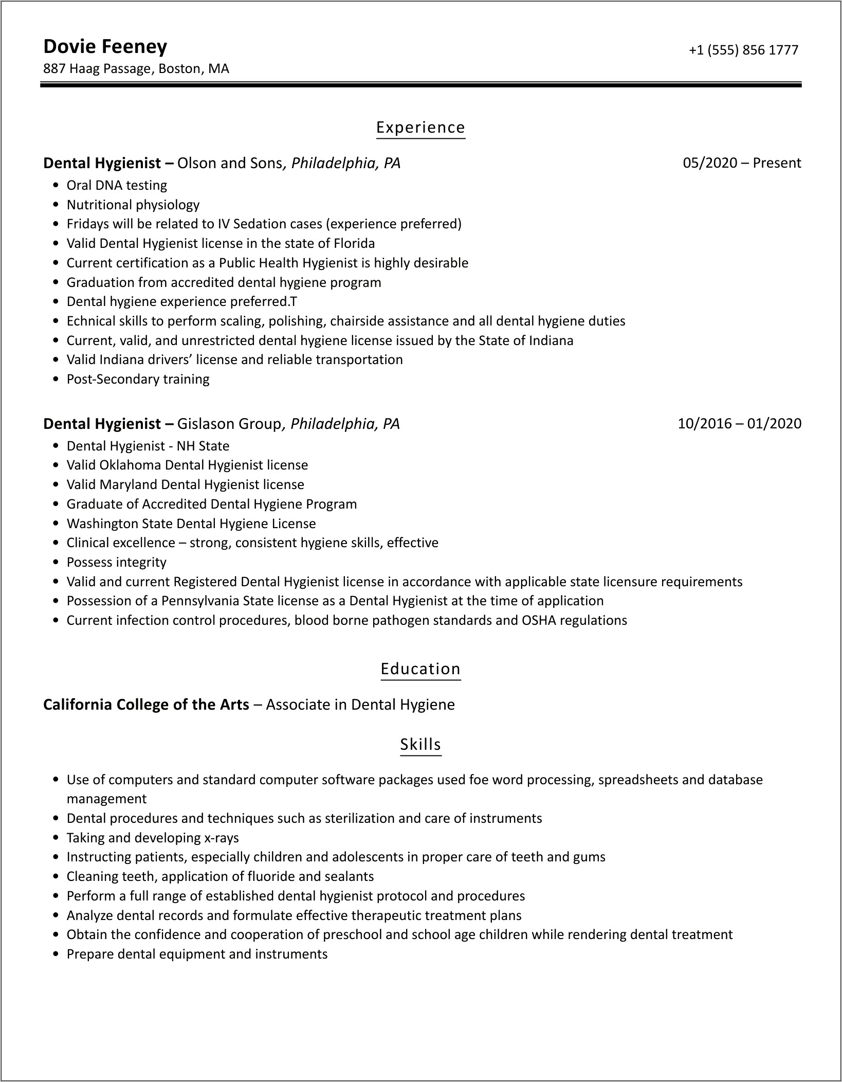 Sample Dental Hygiene Student Resume