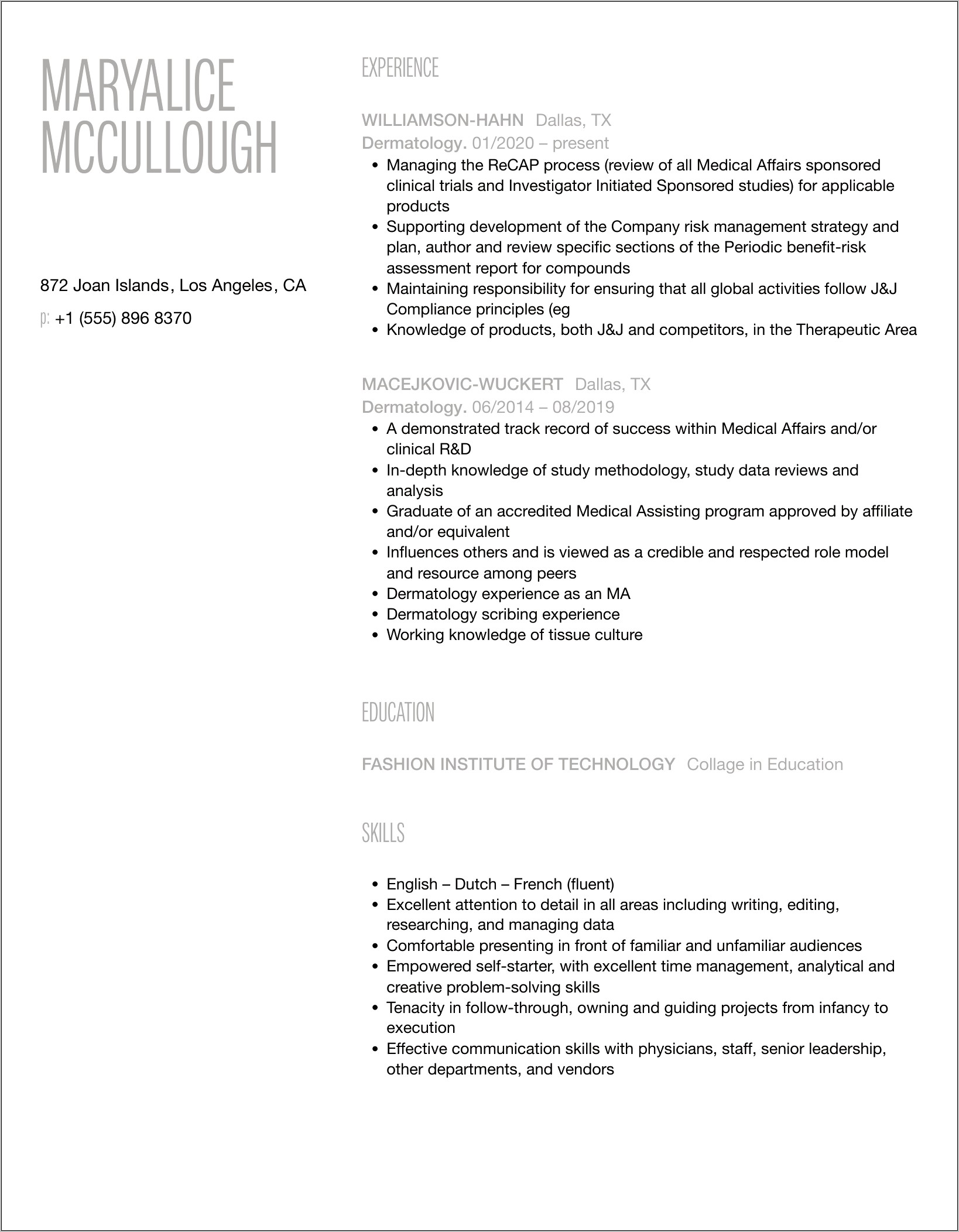 Sample Dermatology Physician Assistant Resume