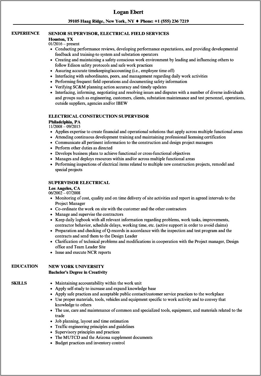 Sample Electrical Foreman Resume Example