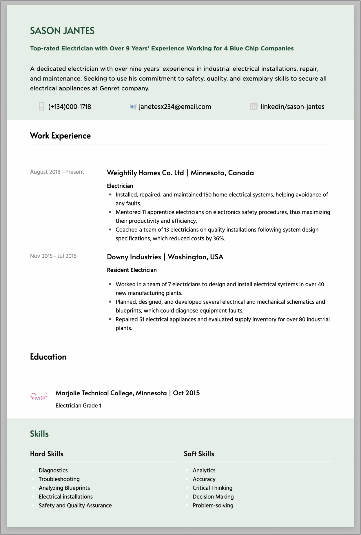 Sample Electrician Resume Cover Letter