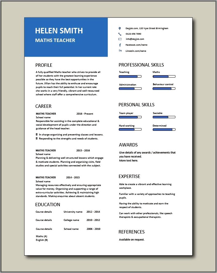 Sample Elementary Math Teacher Resume