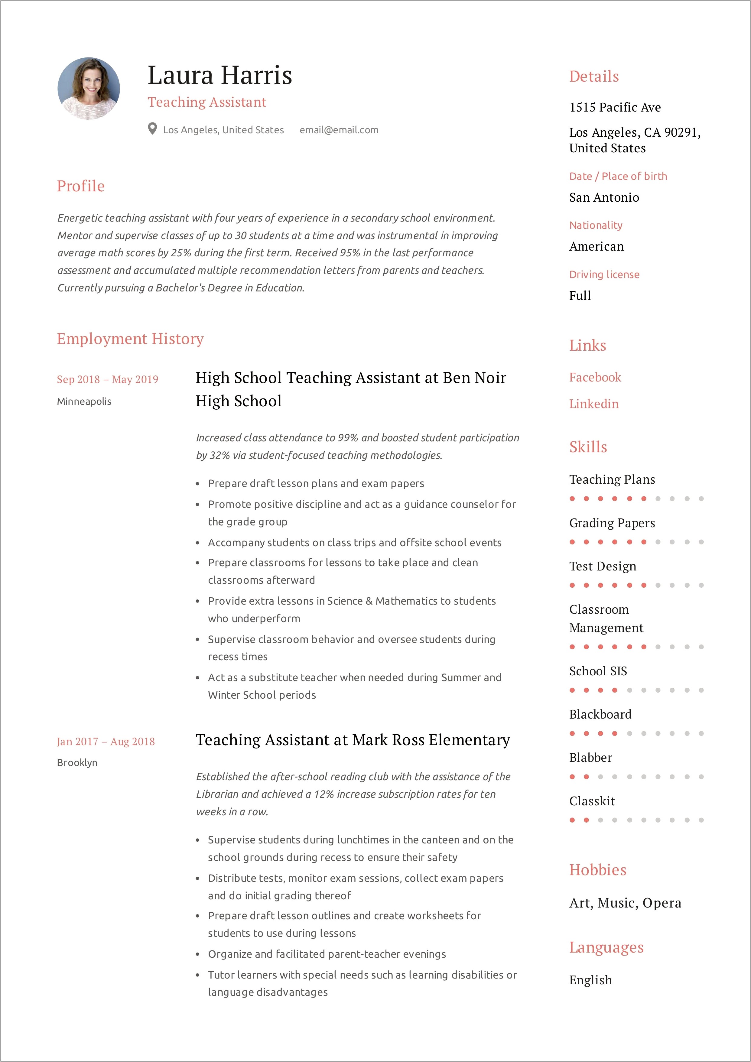 Sample Elementary Teacher Assistant Resume