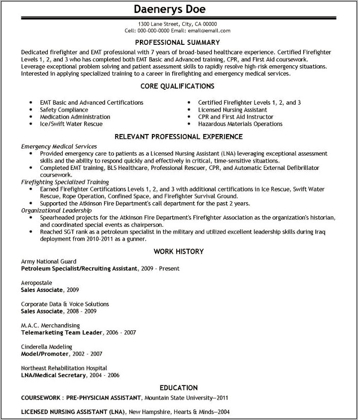 Sample Emergency Medical Technician Resume