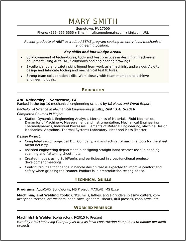 Sample Engineer Resume Recent Graduate