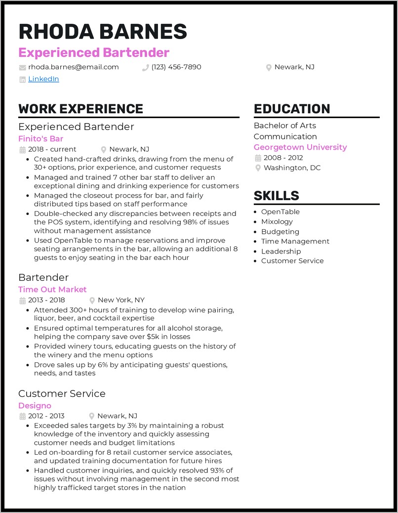 Sample Entry Level Bartender Resume