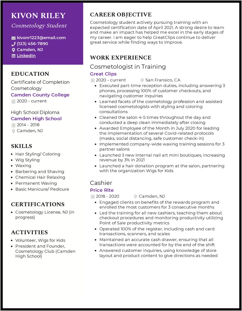 Sample Entry Level Cosmetologist Resume