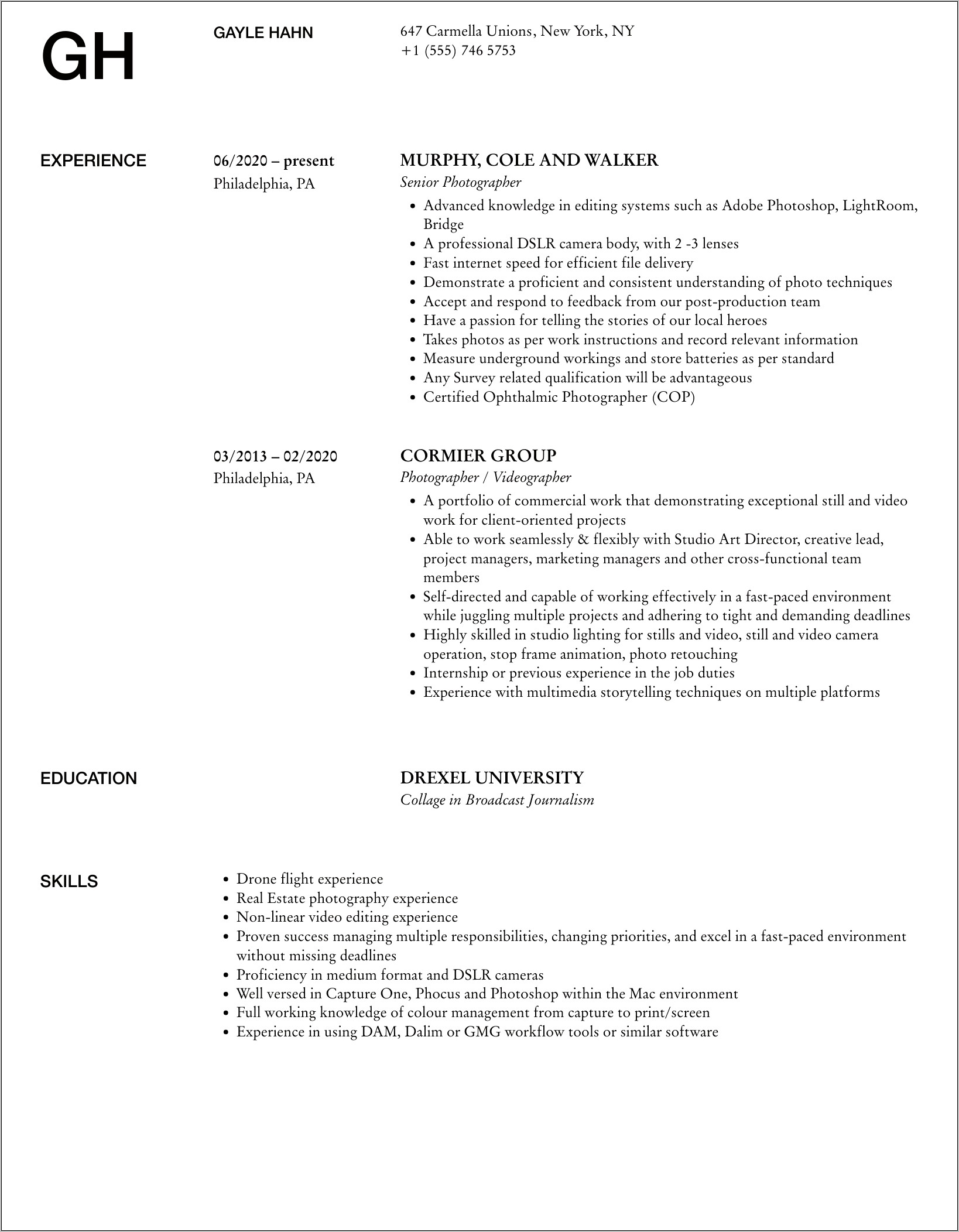 Sample Entry Level Photography Resume