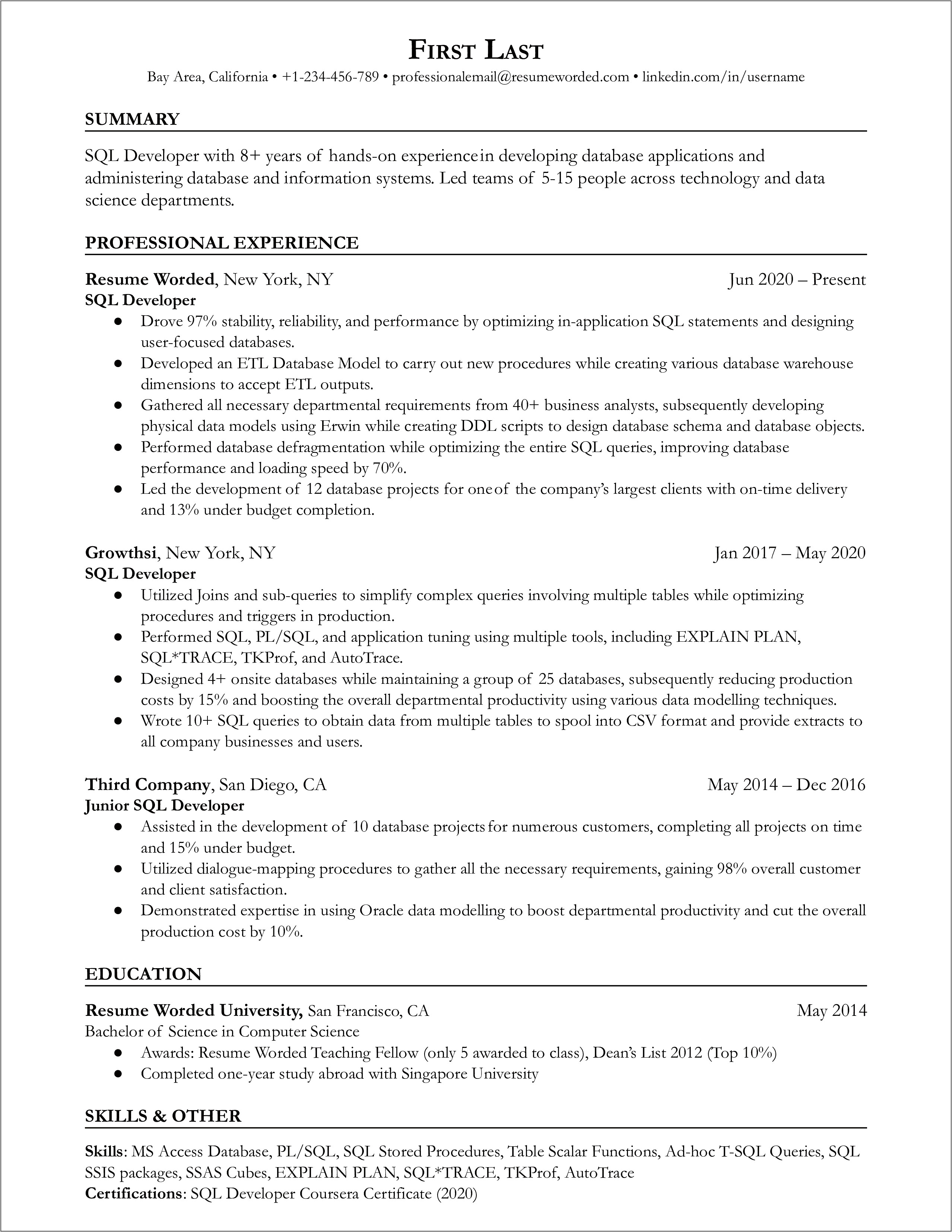 Sample Entry Level Resume Sql