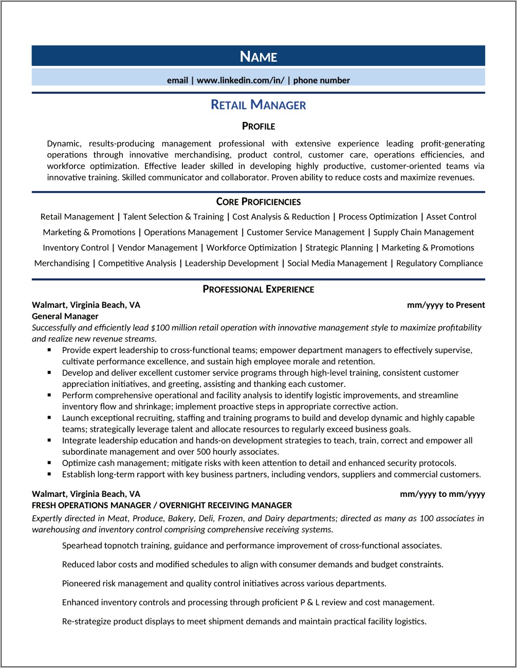 Sample Experienced Operations Manager Resume