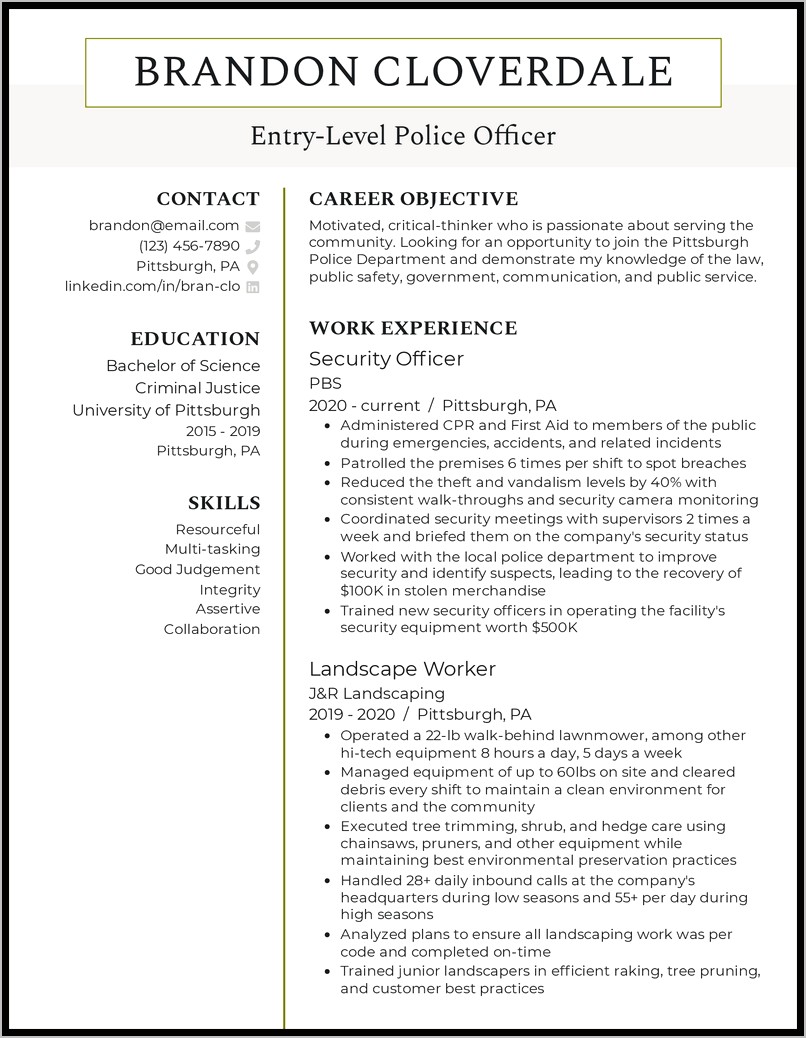 Sample Experienced Police Officer Resume