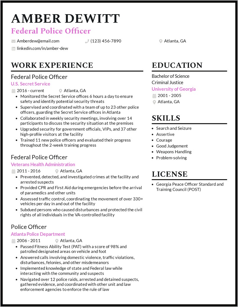 Sample Federal Law Enforcement Resume