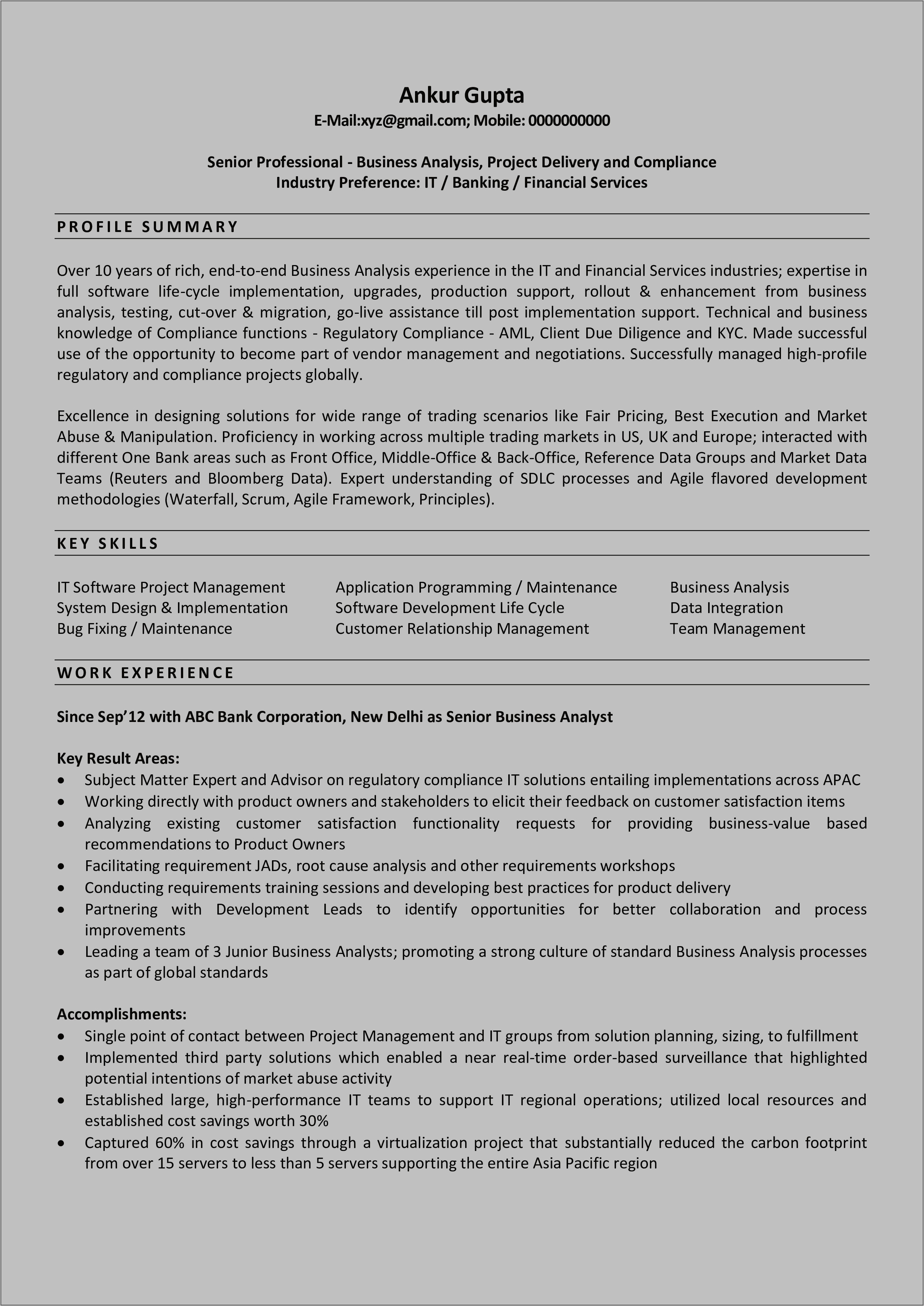 Sample Financial Business Analyst Resume