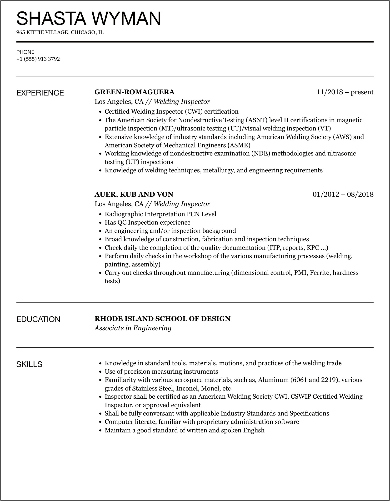 Sample For Resume Coating Inspector