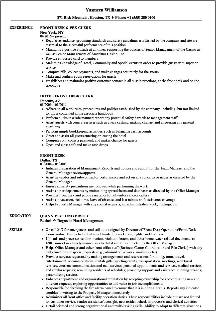 Sample Front Desk Hotel Resume