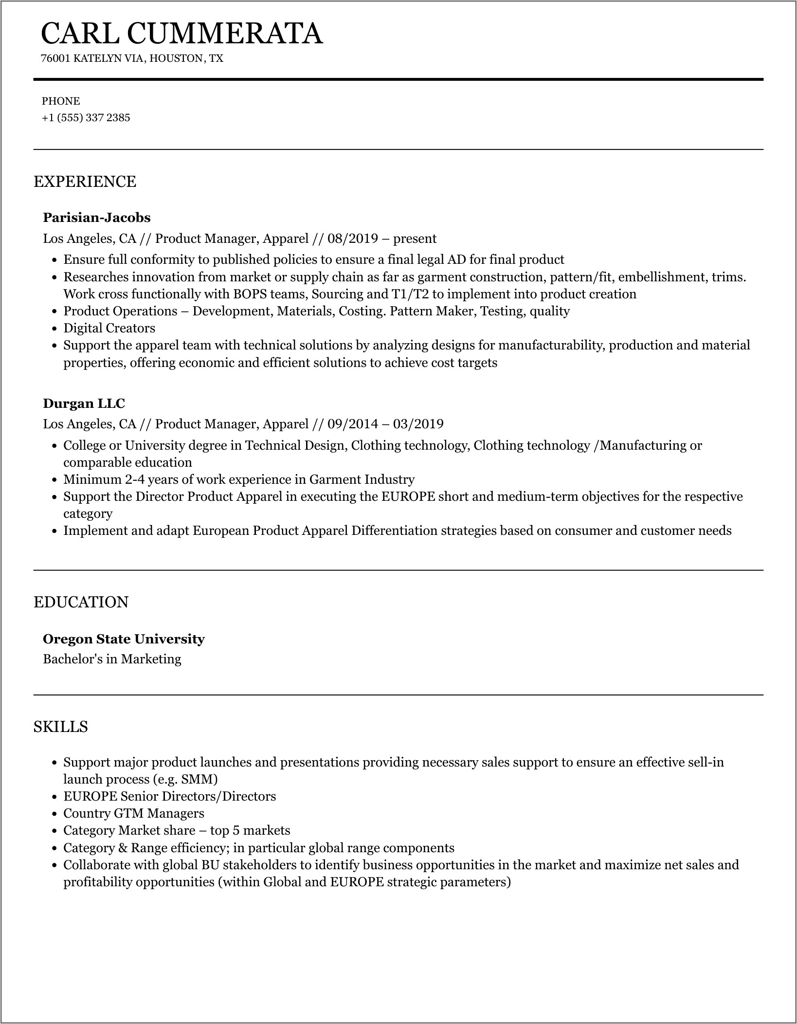 Sample Garment Product Manager Resume