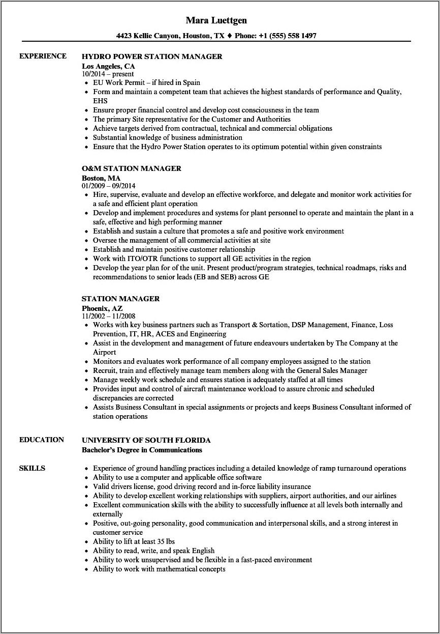 Sample Gas Station Manager Resume