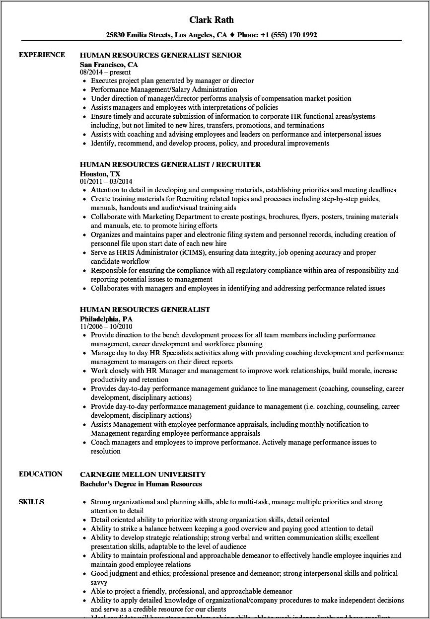 Sample Good Hr Generalist Resume