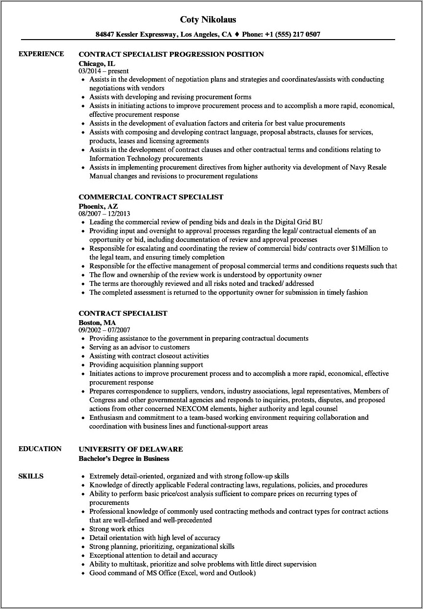 Sample Government Contract Specialist Resume