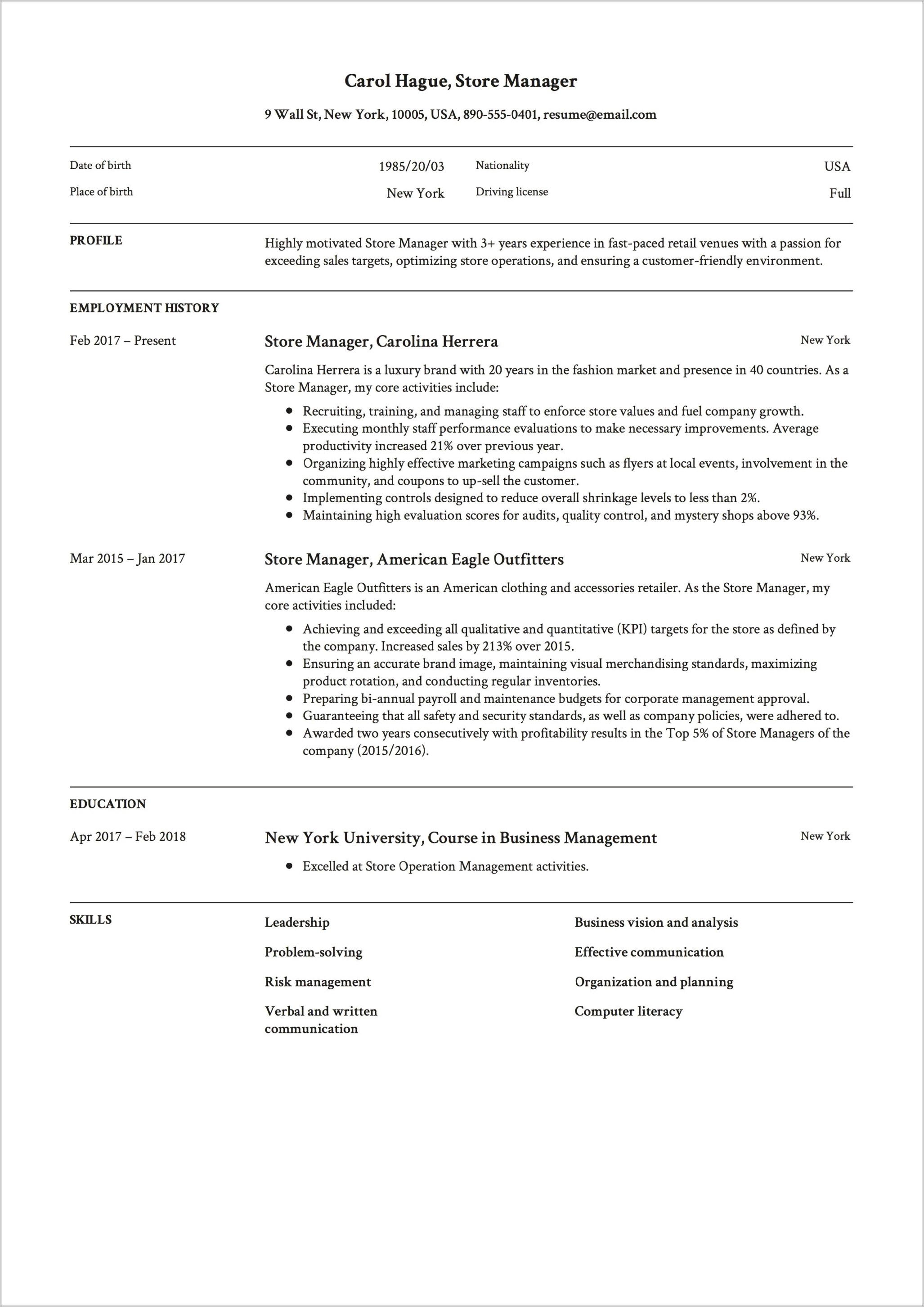 Sample Grocery Store Manager Resume