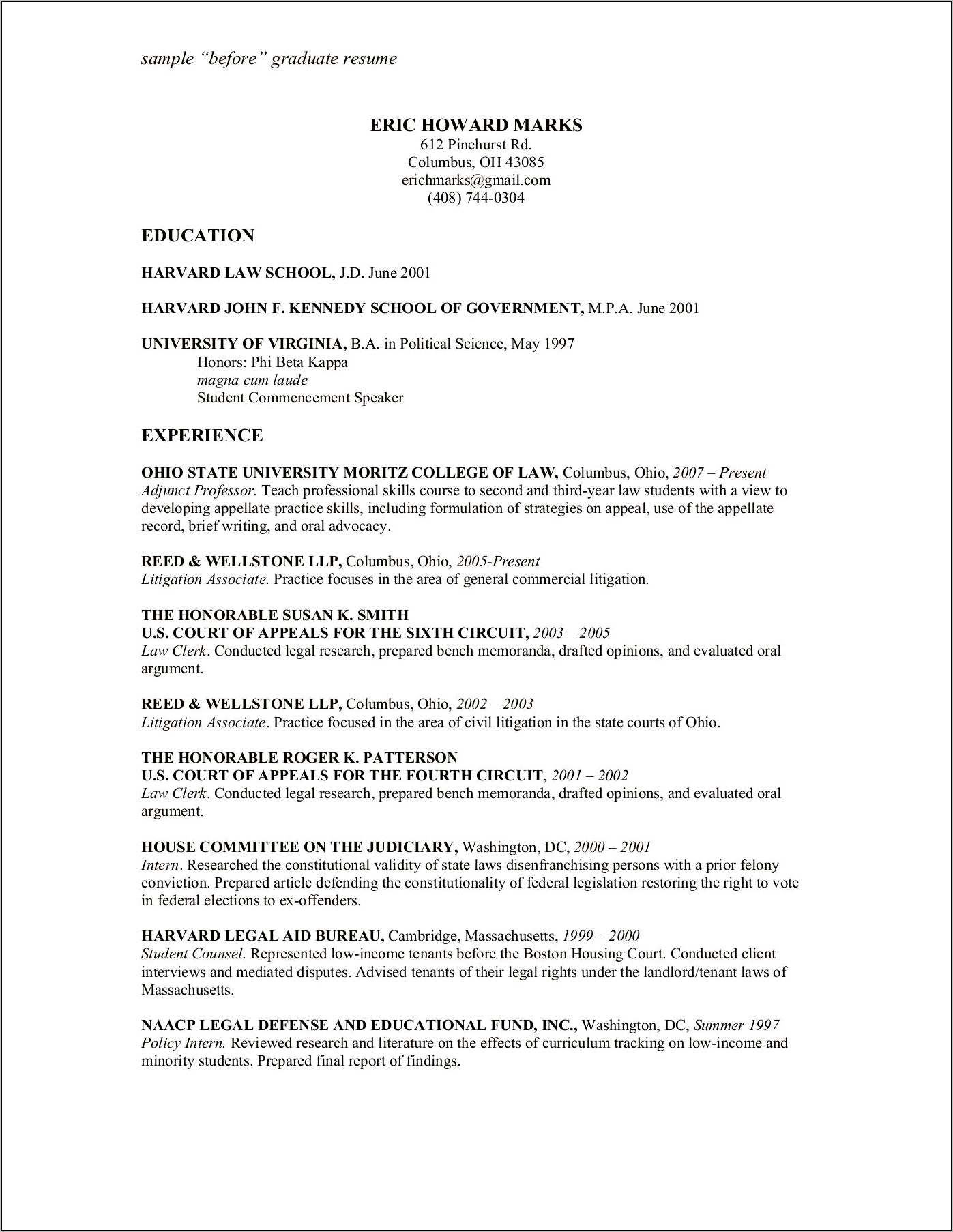 Sample Harvard Law School Resume