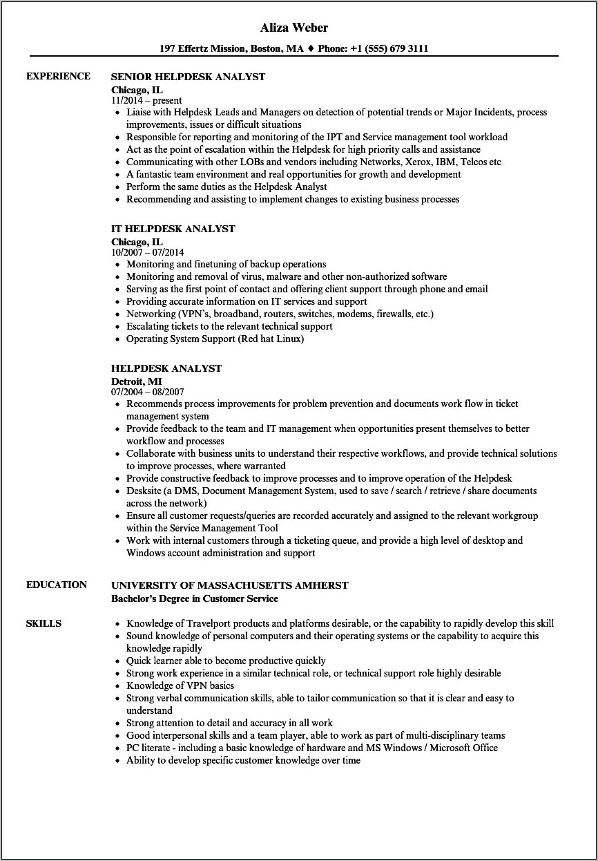 Sample Help Desk Analyst Resume