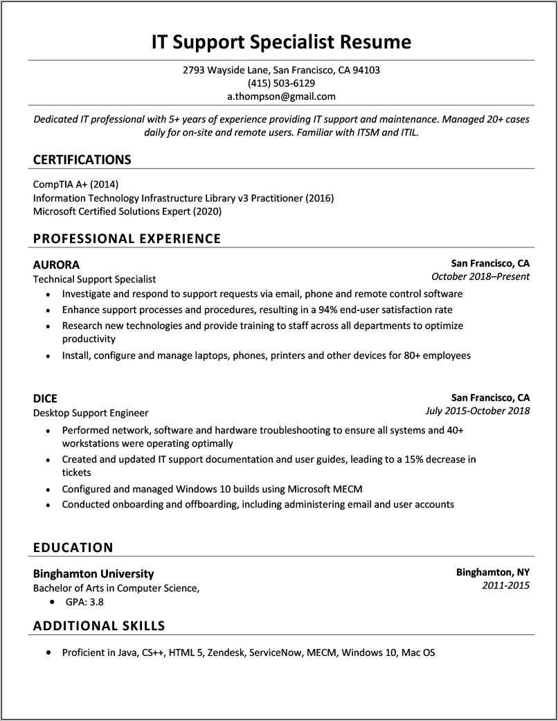 Sample Help Desk Tech Resume