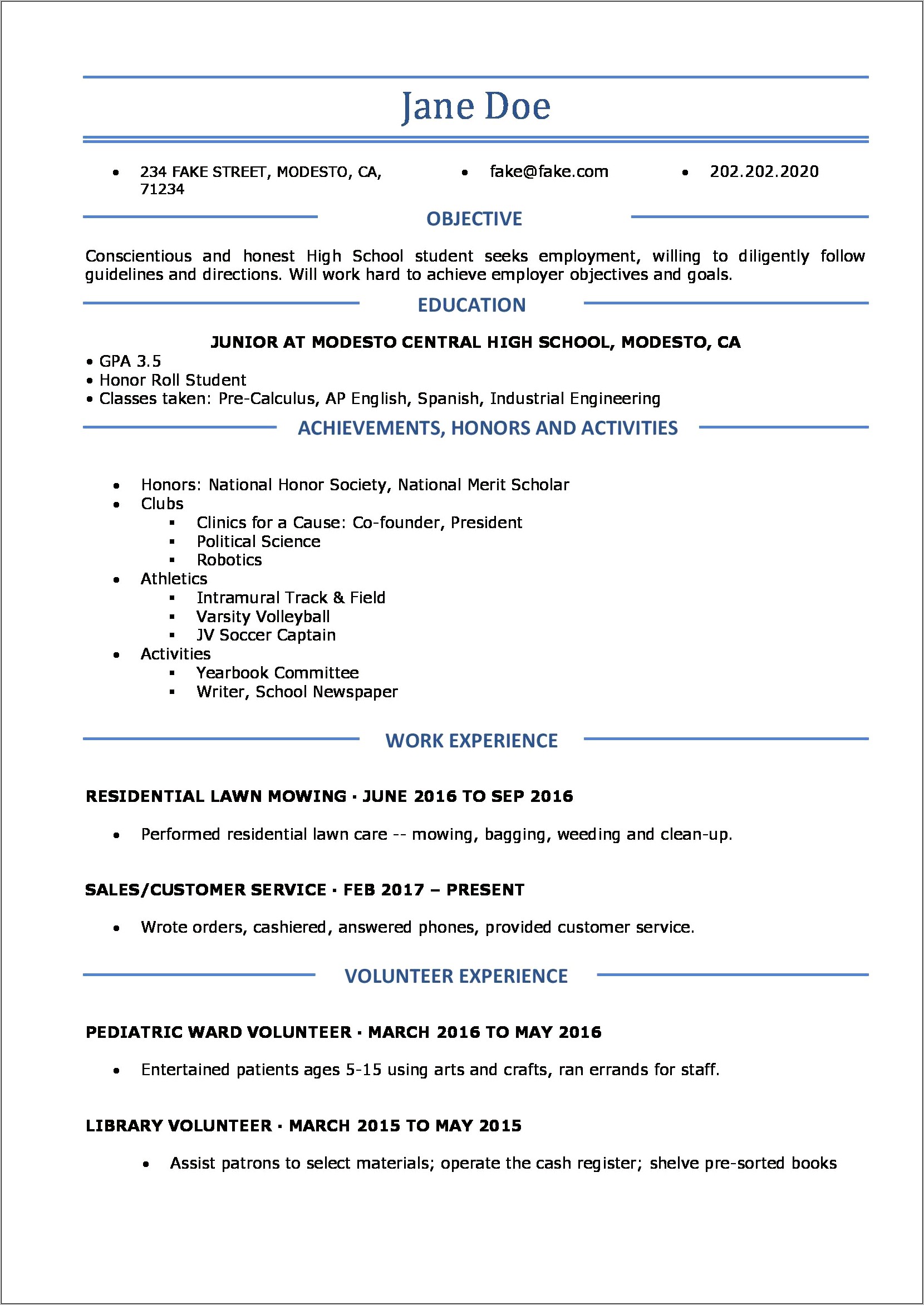 Sample High School Athlete Resume