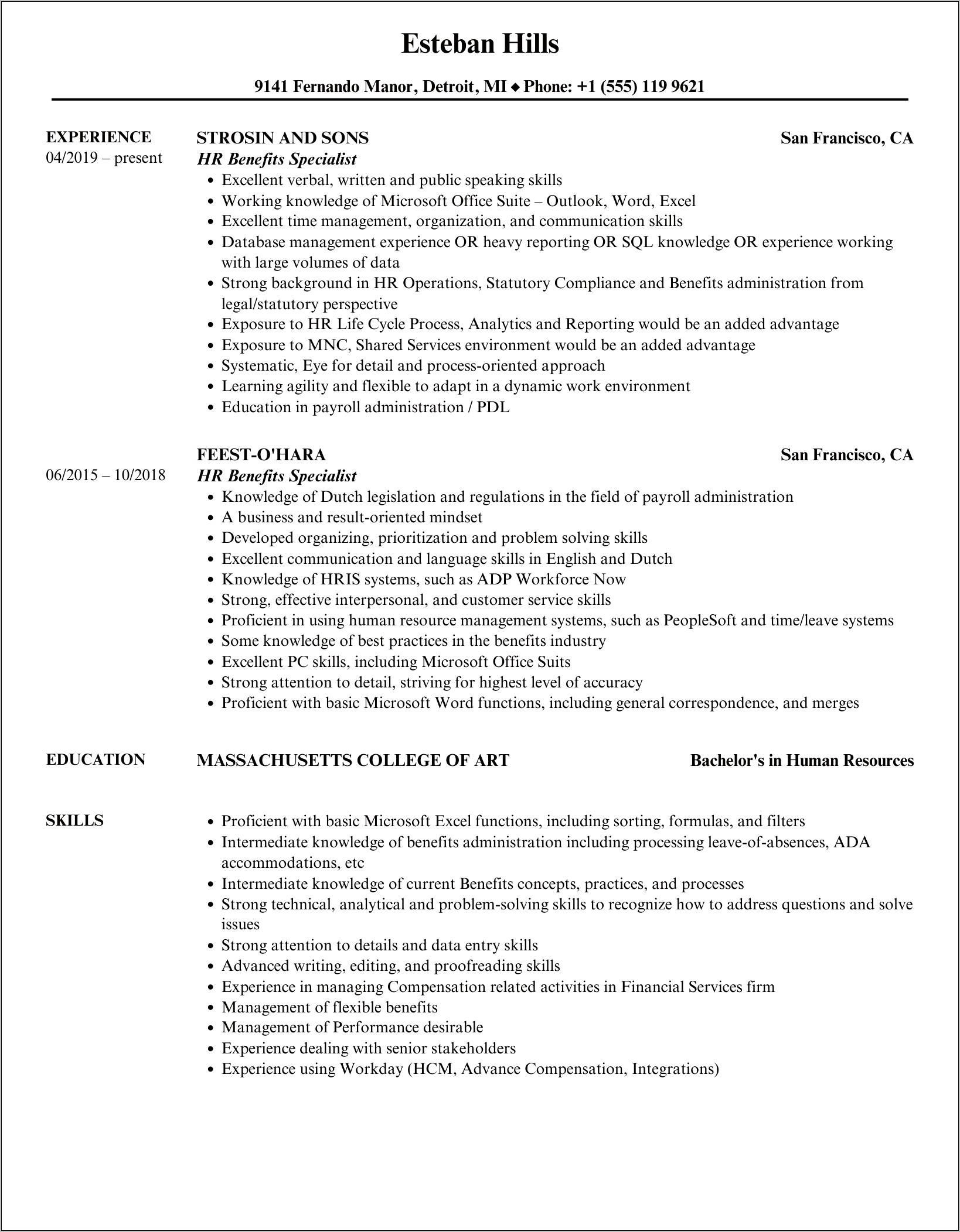 Sample Hr Benefits Specialist Resume