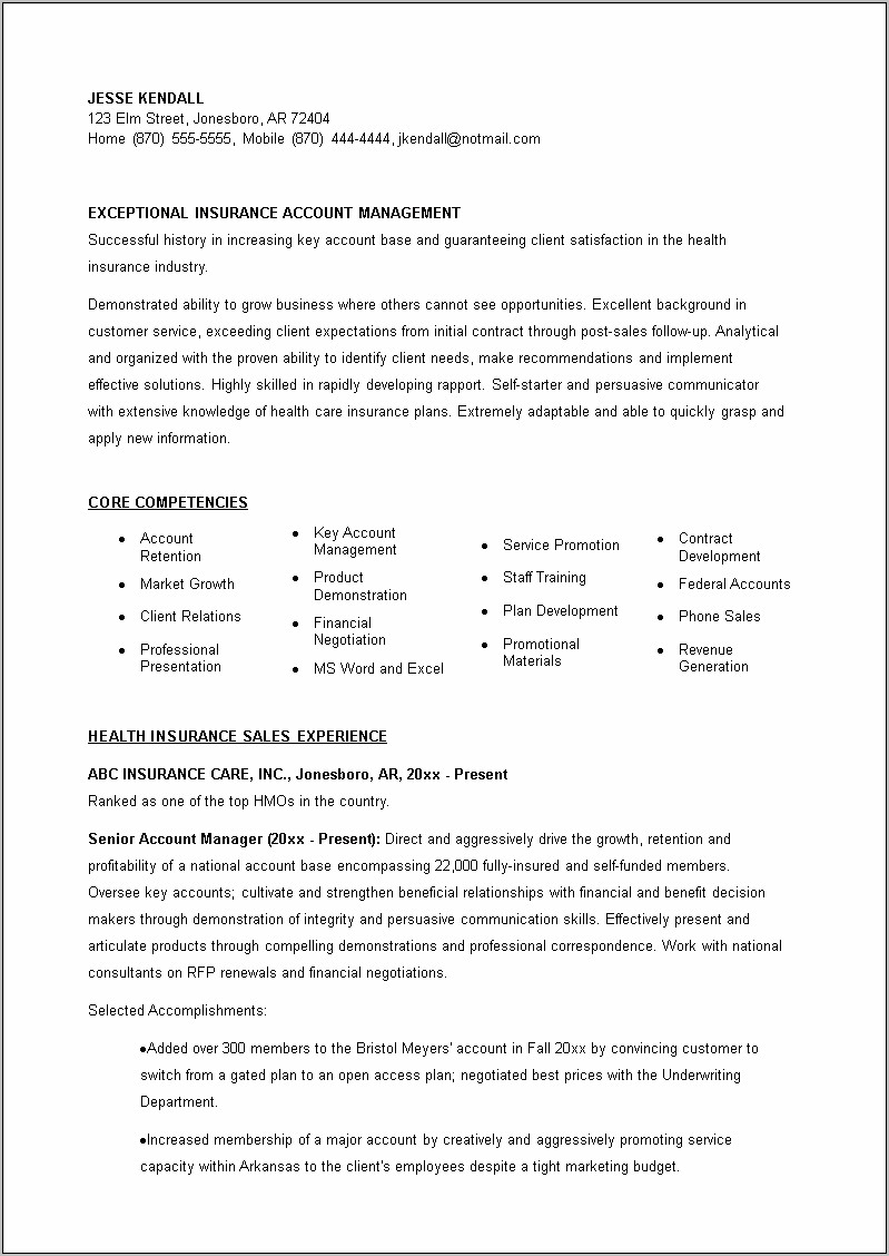 Sample Insurance Account Executive Resume