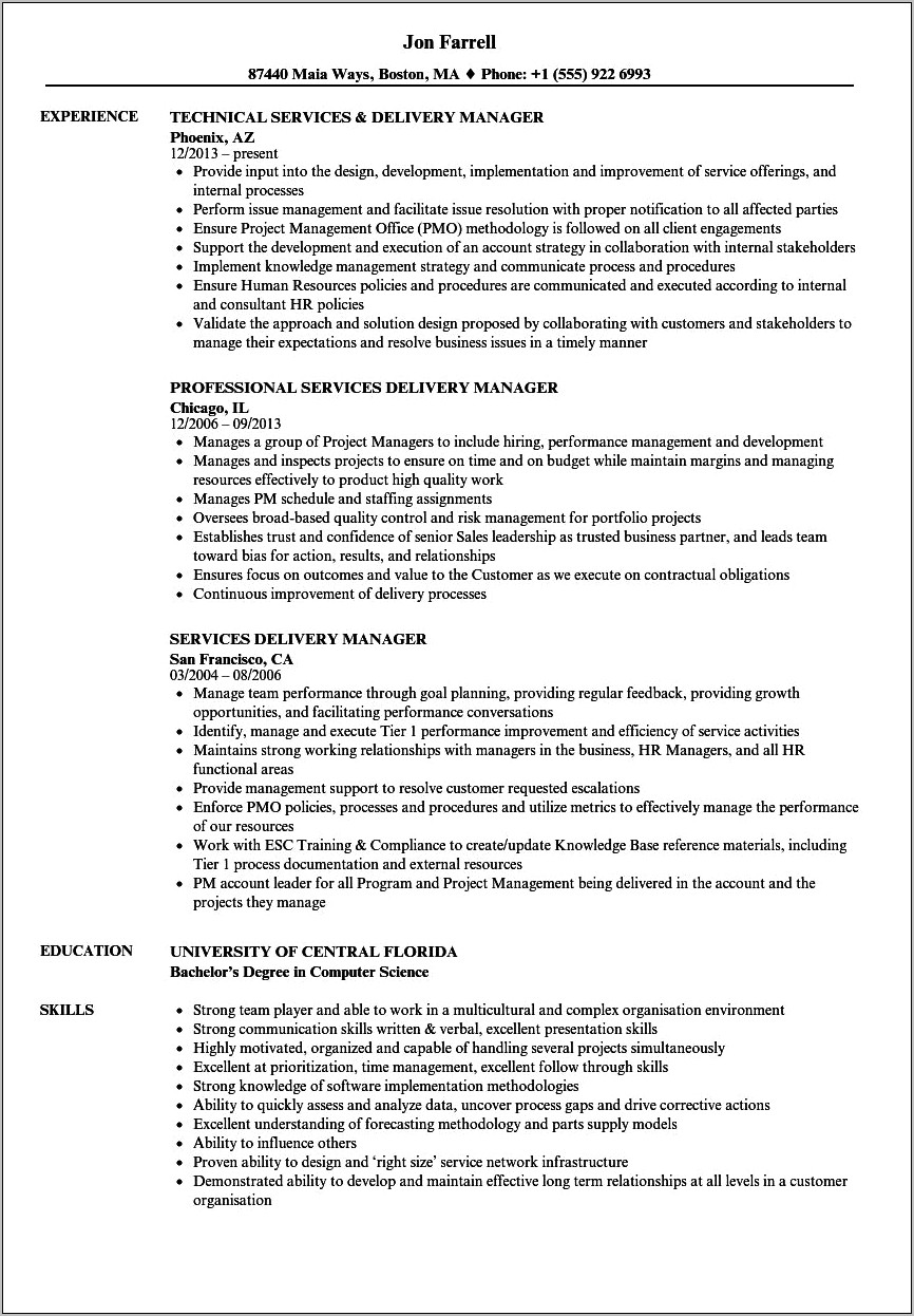 Sample It Delivery Manager Resume