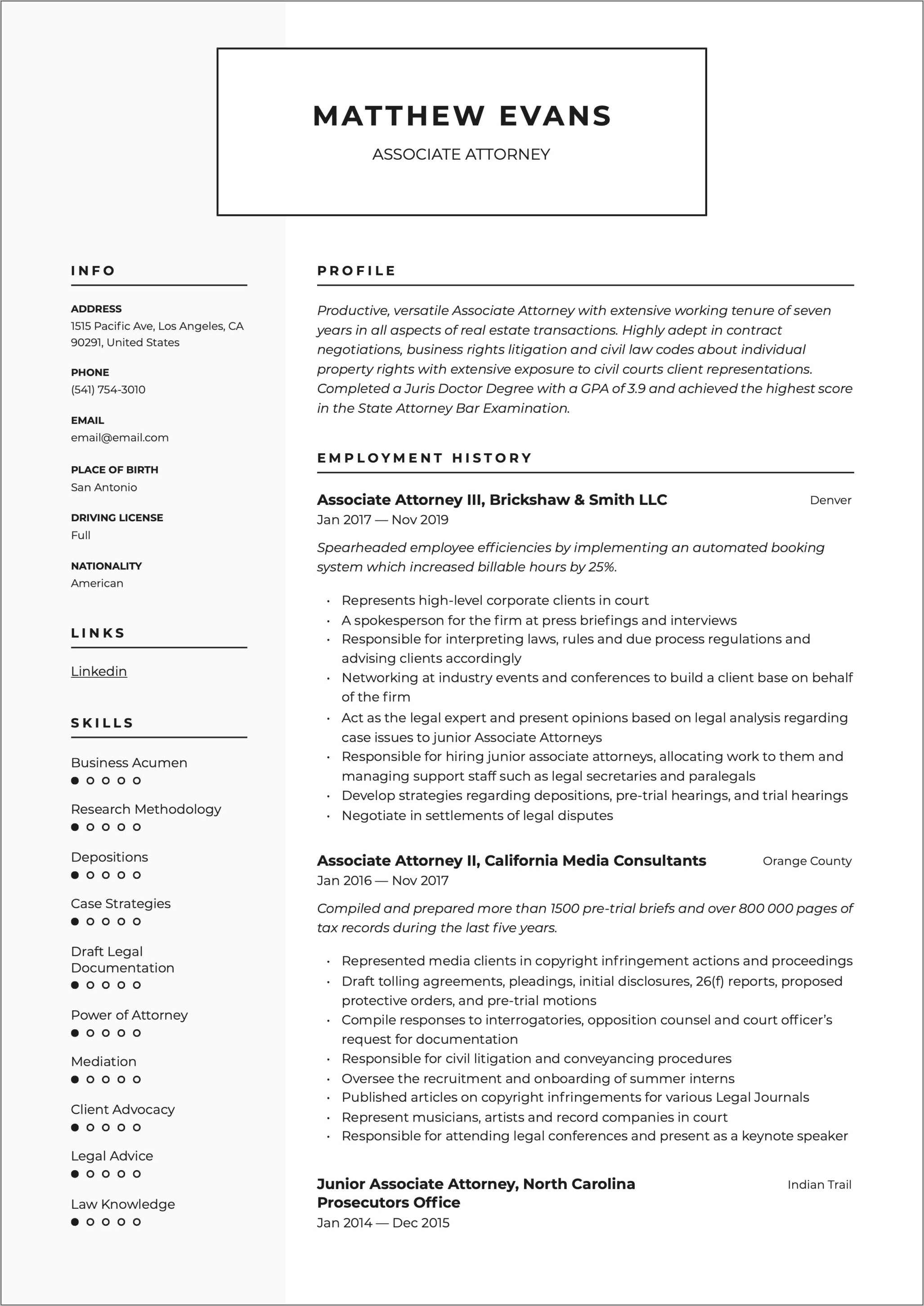 Sample Junior Associate Attorney Resume