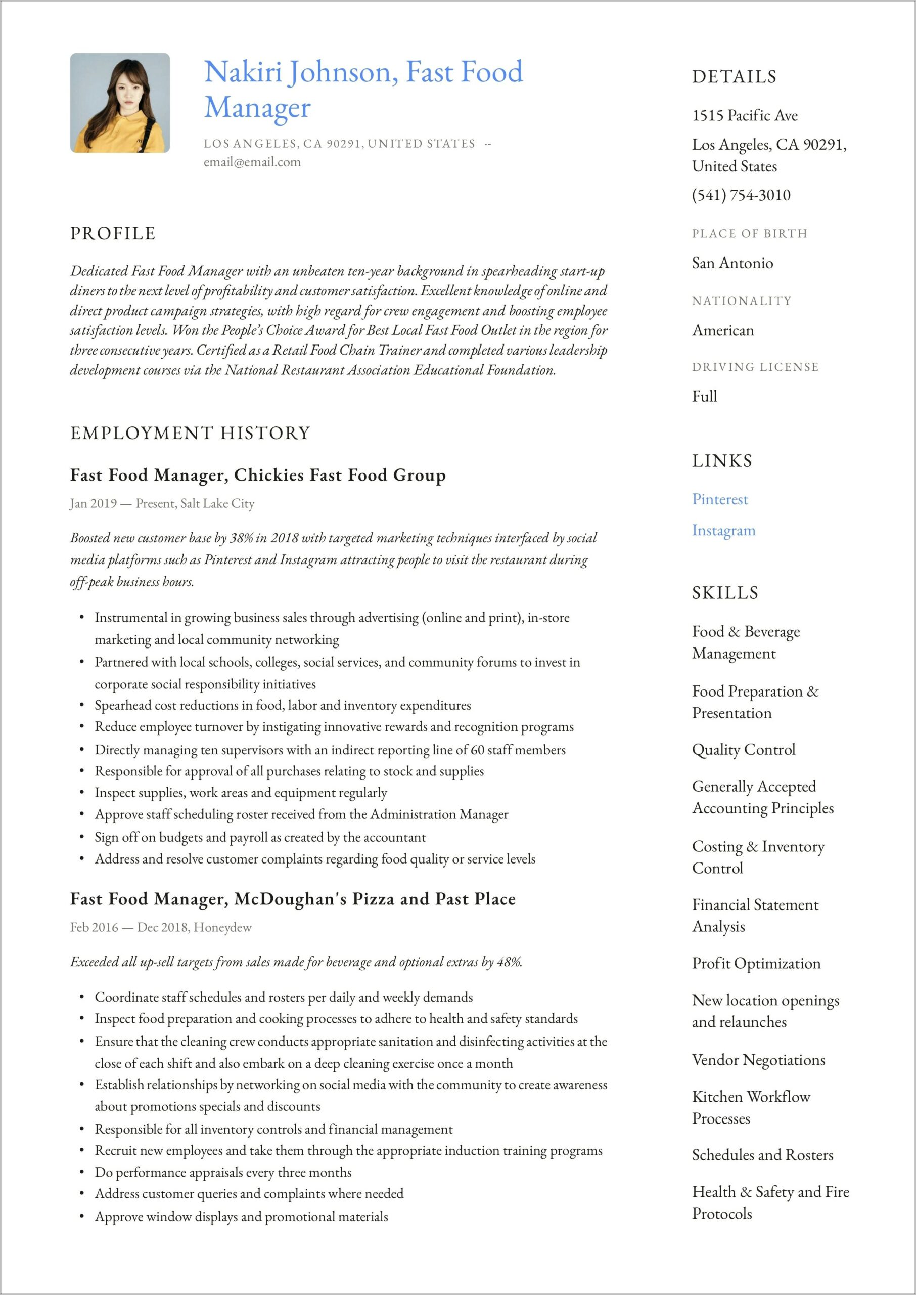 Sample Mcdonalds Assistant Manager Resume